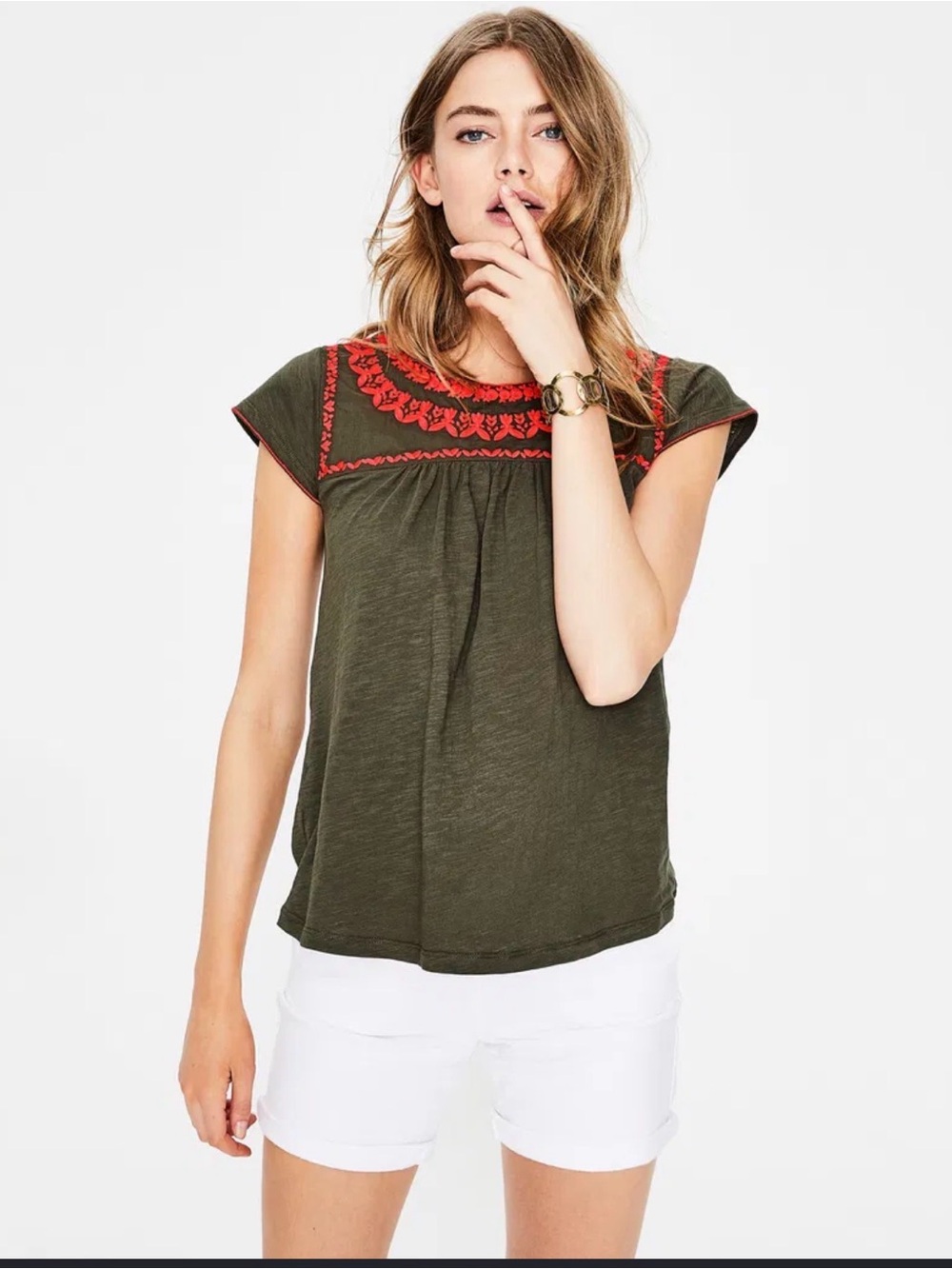 Boden Olive Green Short Sleeve Top with Red Embroidery